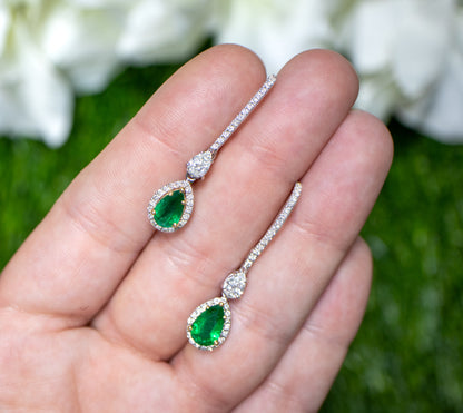 Pear Cut Emerald Dangle Earrings Set with Diamonds 4.64 Carats 18K Gold