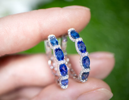 Blue Sapphire and Diamond Hoop Earrings 2.75 Carats 18K White Gold