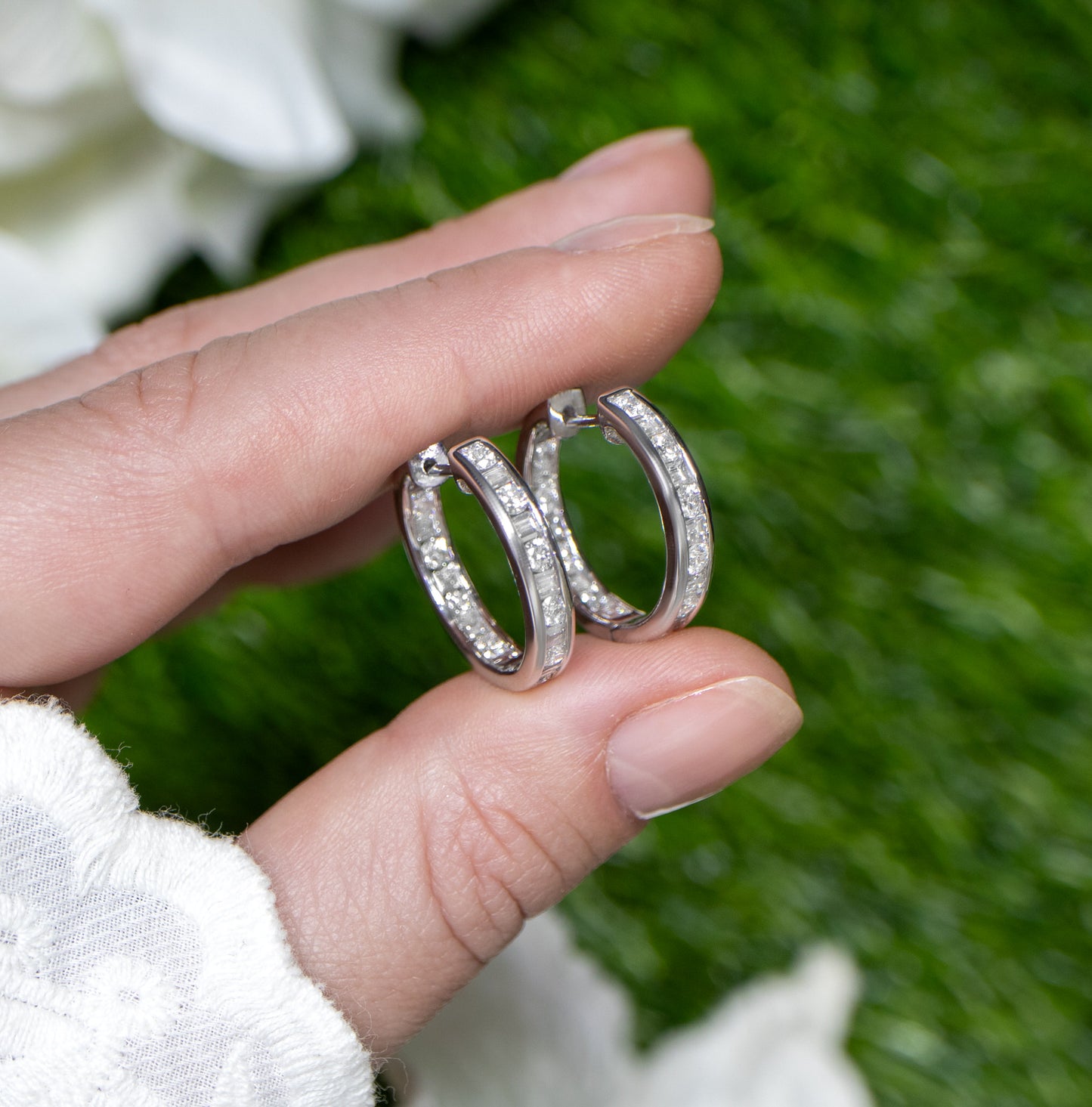 Double Diamond Hoop Earrings Baguette and Round 2.16 Carats 18K Gold