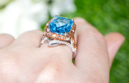 Swiss Blue Topaz Cocktail Ring Sapphires Diamonds 13.4 Carats 18K Gold
