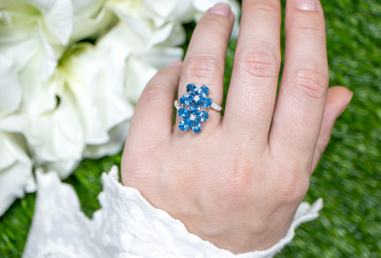 London Blue Topaz Flower Ring Diamonds 3.95 Carats 18K Gold