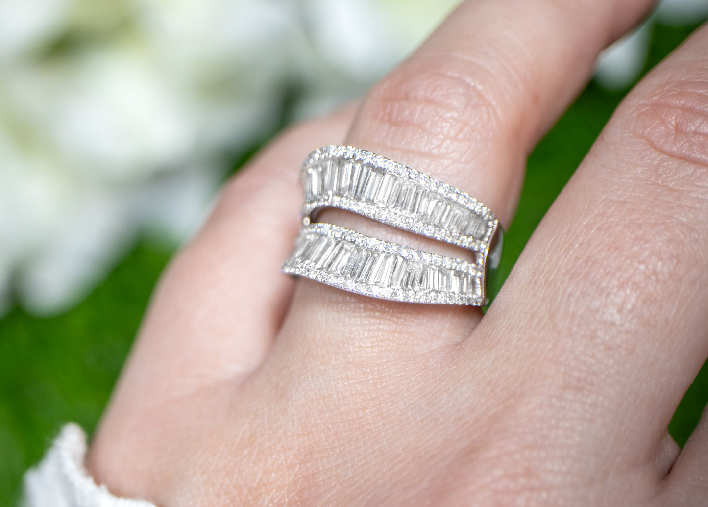 Diamond Double Wave Ring Baguette and Round 2.27 Carats 18K White Gold