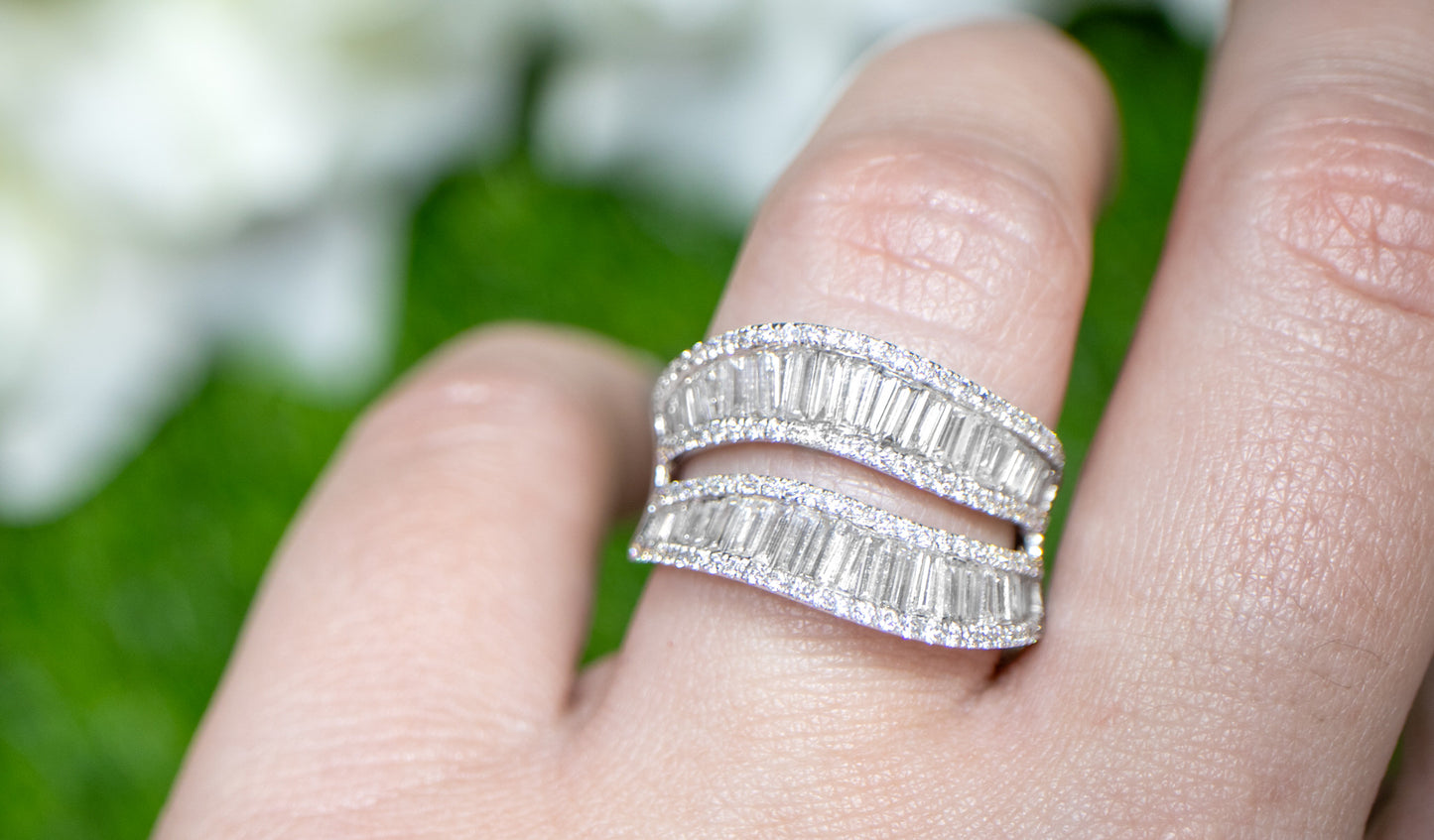 Diamond Double Wave Ring Baguette and Round 2.27 Carats 18K White Gold