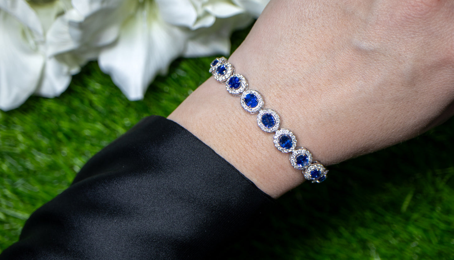 Blue Sapphire Bracelet Diamond Halo 14.7 Carats 18K Gold