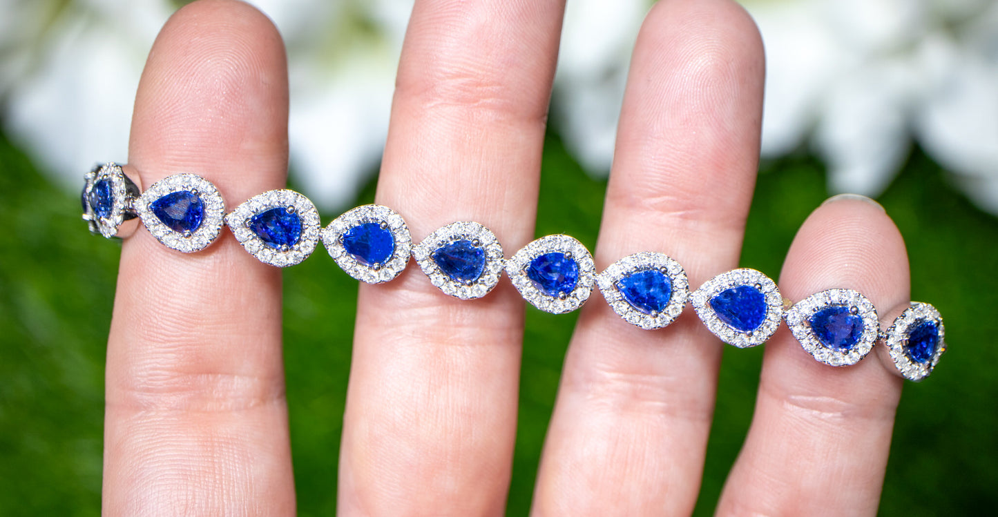 Blue Pear Cut Sapphire Bracelet Diamond Halo 13.6 Carats 18K Gold