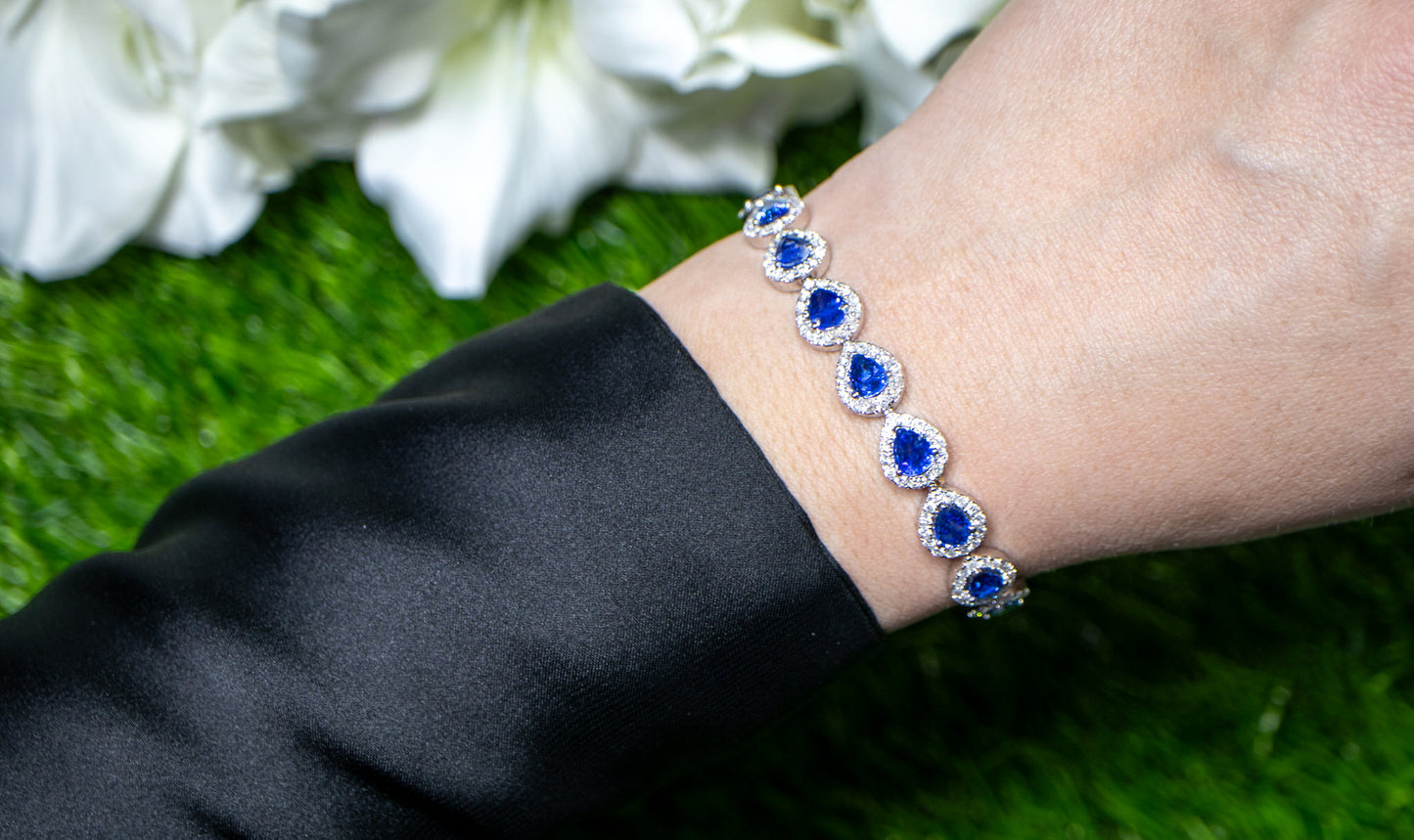 Blue Pear Cut Sapphire Bracelet Diamond Halo 13.6 Carats 18K Gold