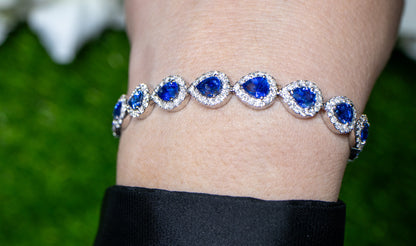 Blue Pear Cut Sapphire Bracelet Diamond Halo 13.6 Carats 18K Gold