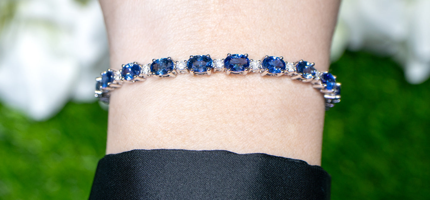 Blue Sapphire Tennis Bracelet Diamond Links 13 Carats 18K White Gold