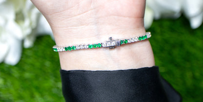 Emeralds and Diamonds Tennis Bracelet Round Cut 3.65 Carats 18K Gold