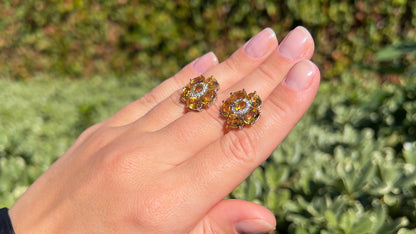 Natural Citrine and White Topaz Floral Earrings 8.9 Carats Total