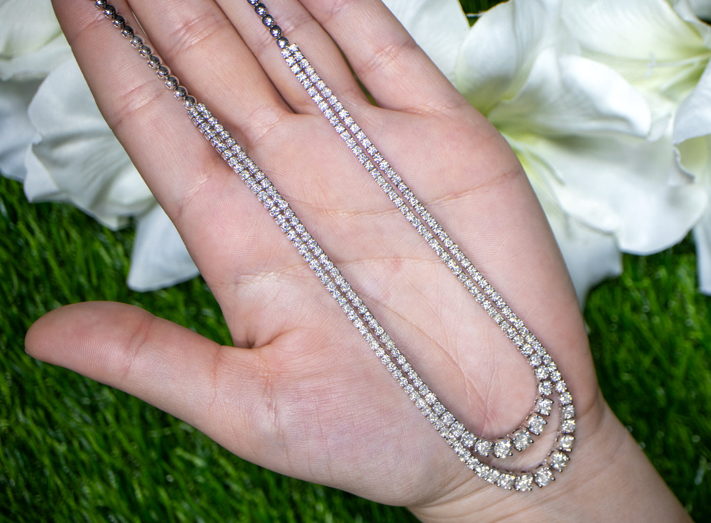 Double Strand Diamond Tennis Necklace 9.85 Carats 18K Gold