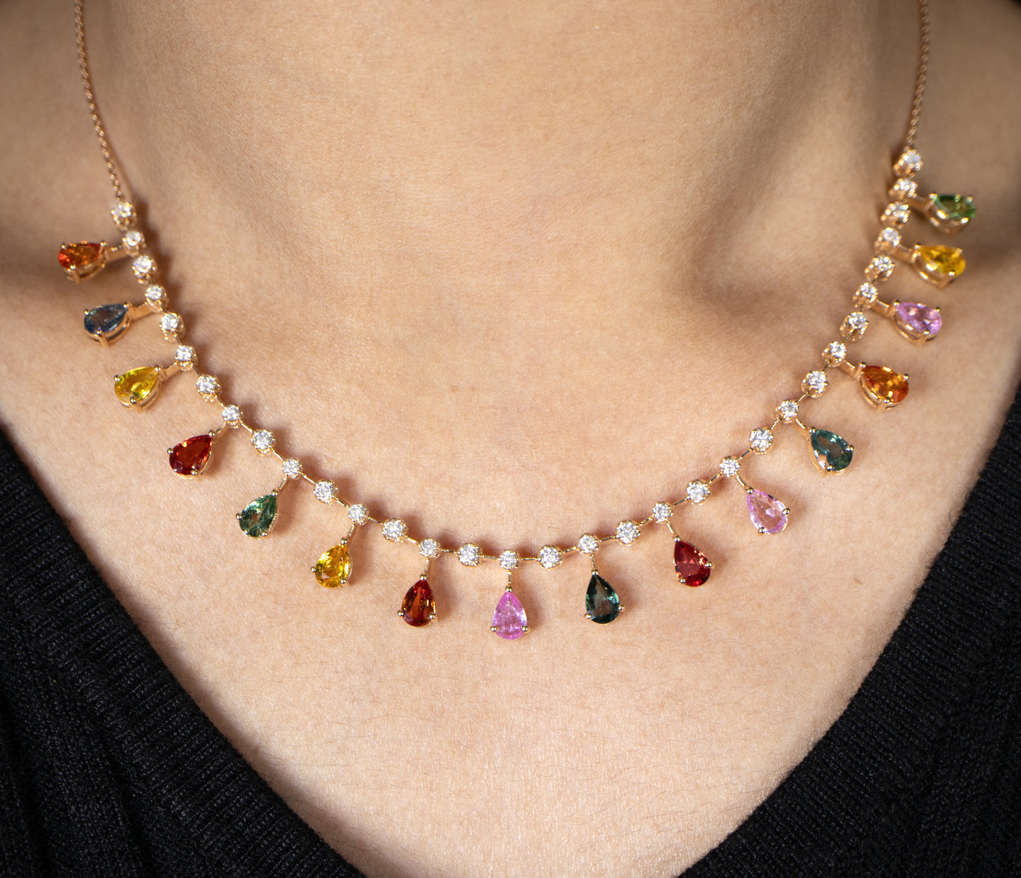 Multicolored Sapphires and Diamonds Necklace 8.7 Carats 18K Gold