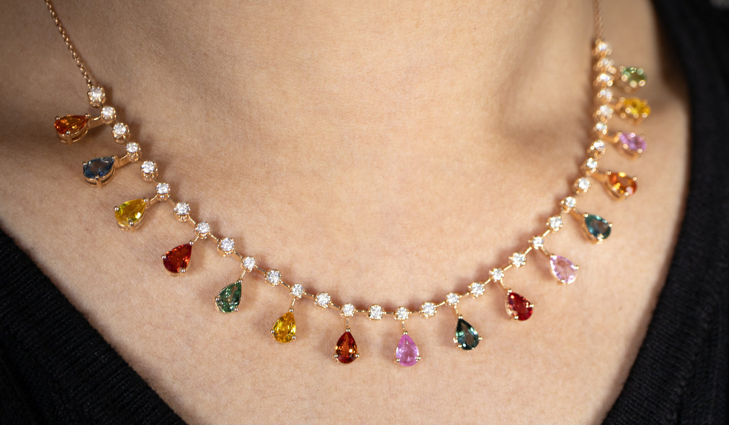 Multicolored Sapphires and Diamonds Necklace 8.7 Carats 18K Gold