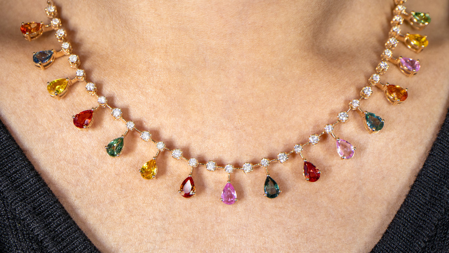 Multicolored Sapphires and Diamonds Necklace 8.7 Carats 18K Gold