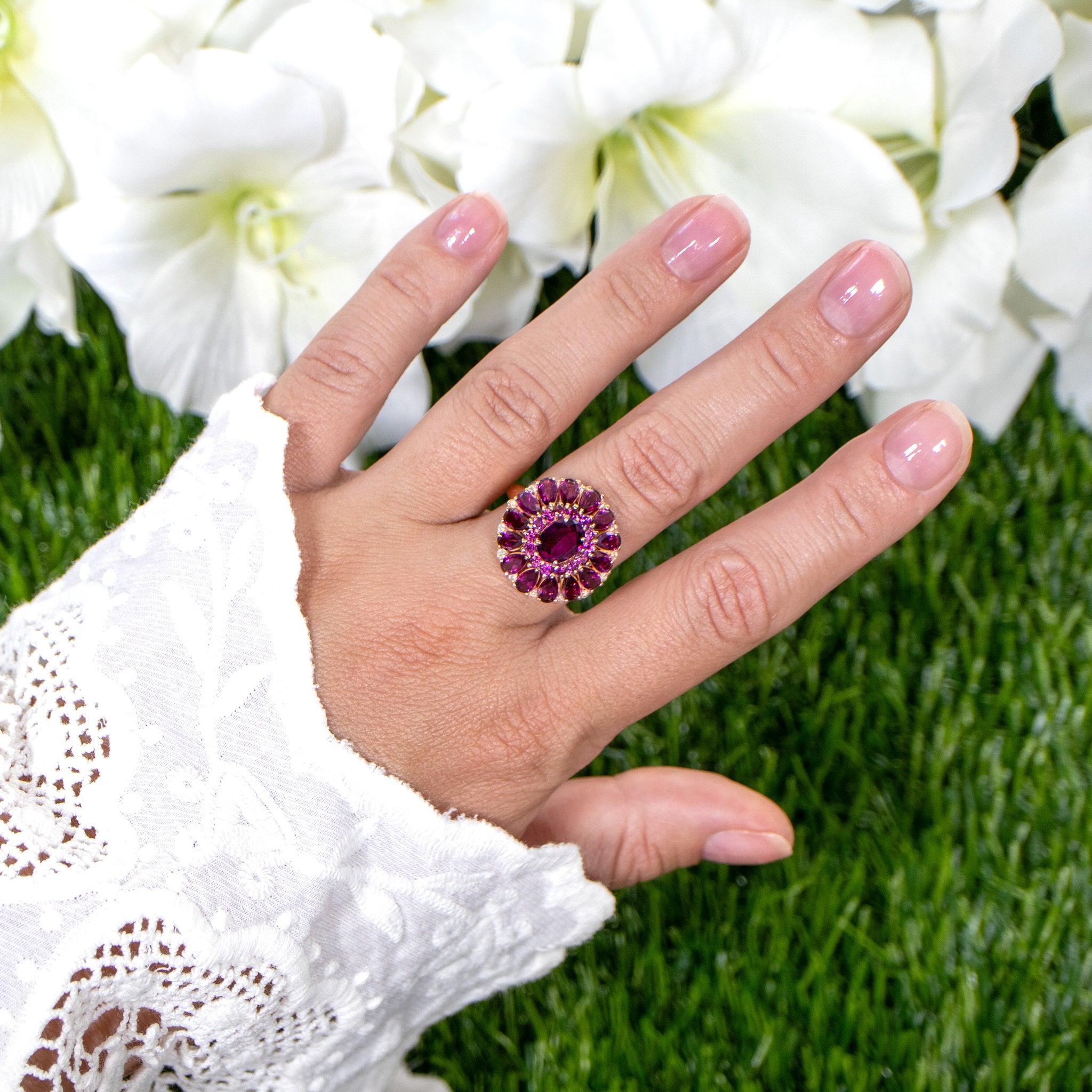 Rhodolite Cocktail Ring White Topaz 6.29 Carats 14K Rose Gold Plated