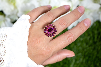 Rhodolite Cocktail Ring White Topaz 6.29 Carats 14K Rose Gold Plated