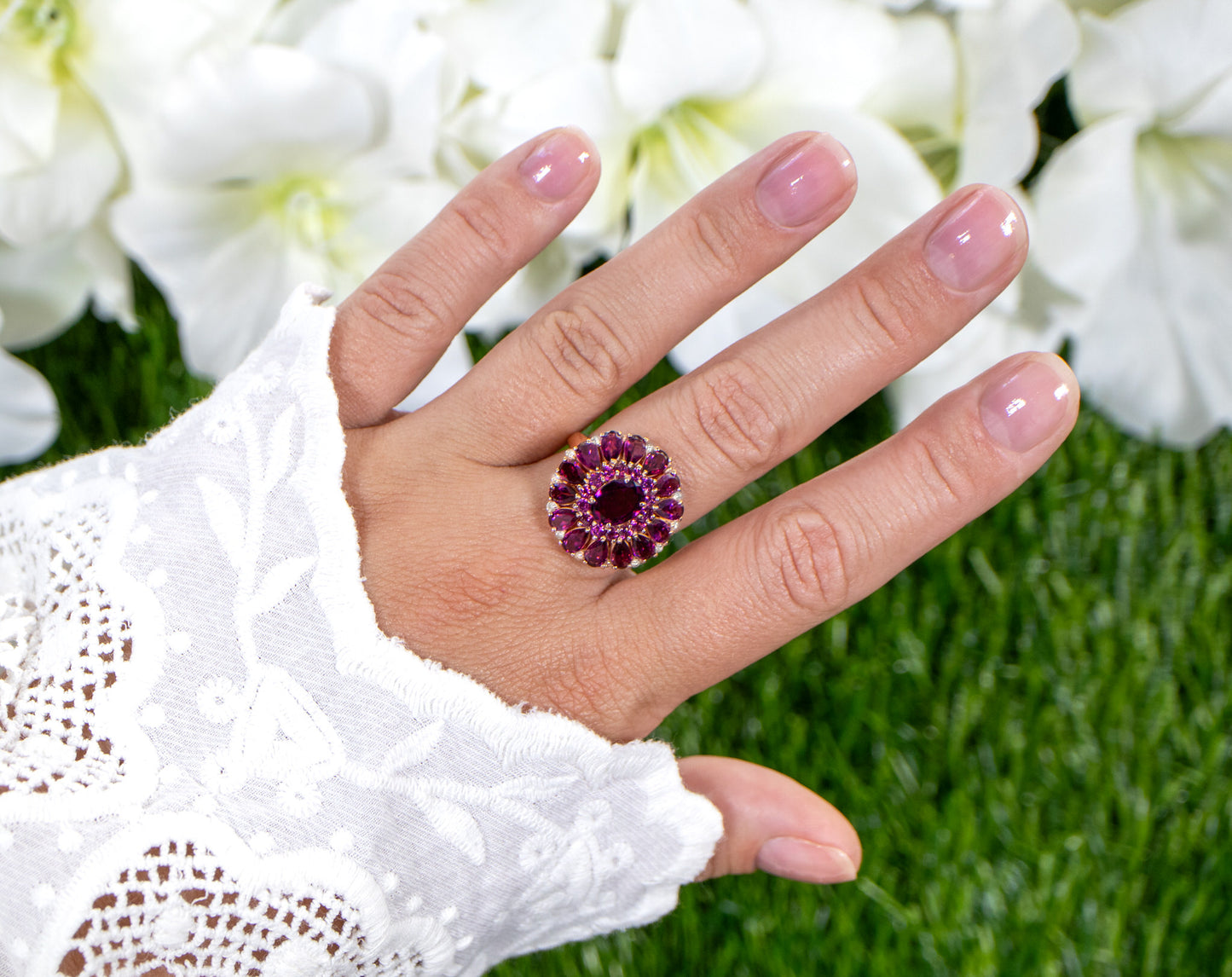 Rhodolite Cocktail Ring White Topaz 6.29 Carats 14K Rose Gold Plated