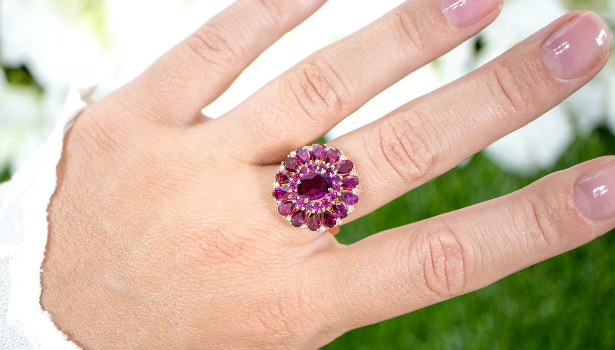 Rhodolite Cocktail Ring White Topaz 6.29 Carats 14K Rose Gold Plated