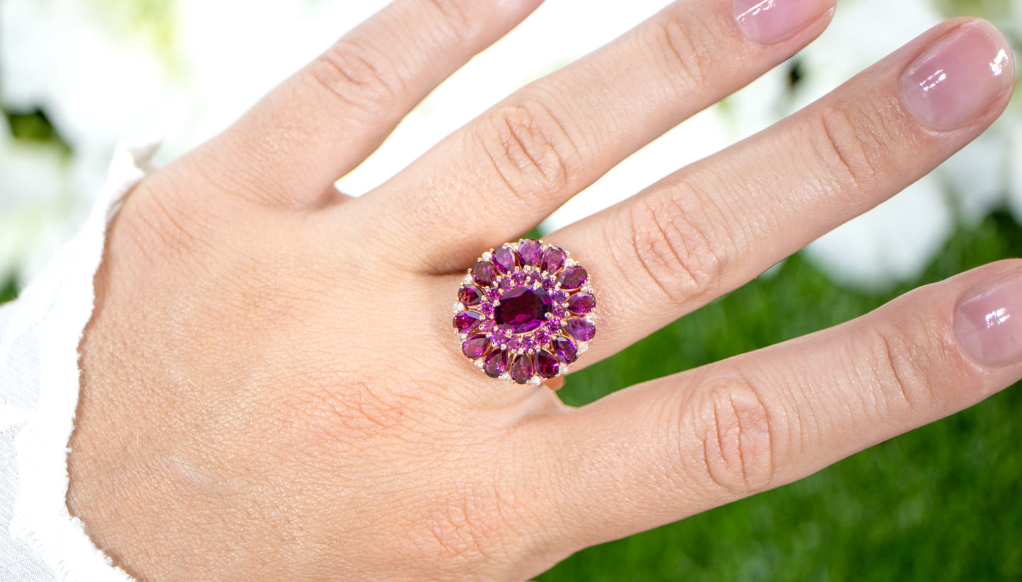 Rhodolite Cocktail Ring White Topaz 6.29 Carats 14K Rose Gold Plated