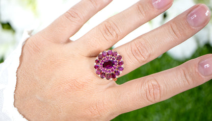 Rhodolite Cocktail Ring White Topaz 6.29 Carats 14K Rose Gold Plated