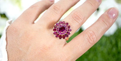 Rhodolite Cocktail Ring White Topaz 6.29 Carats 14K Rose Gold Plated