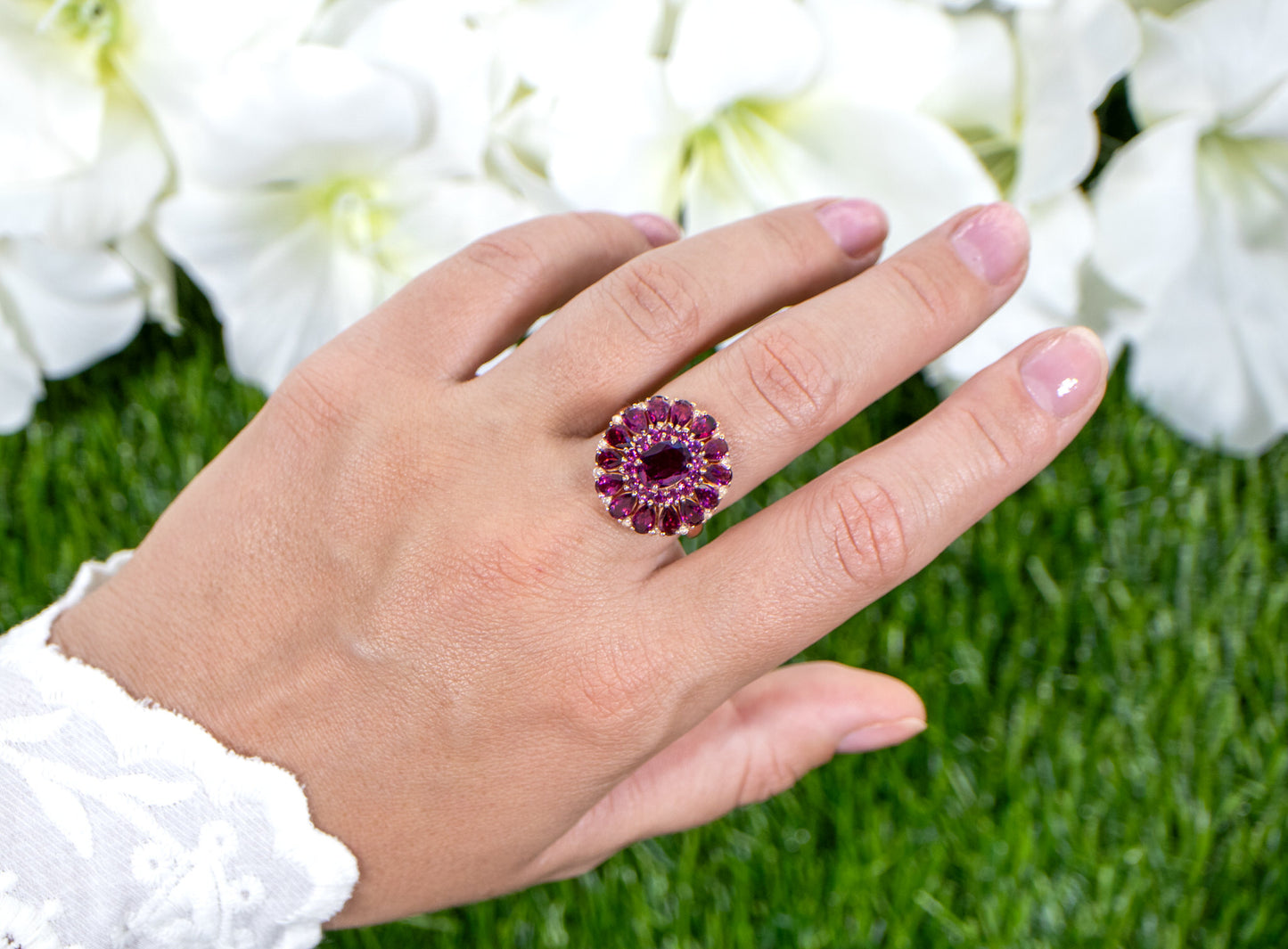 Rhodolite Cocktail Ring White Topaz 6.29 Carats 14K Rose Gold Plated