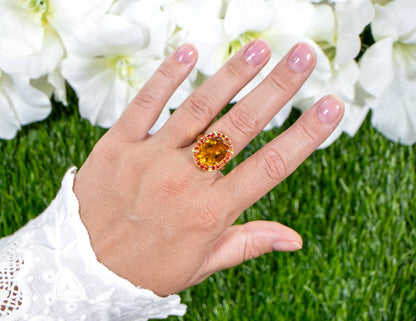 Citrine Cocktail Ring Deep Orange Sapphires 9.4 Carats 14K Gold Plated Silver