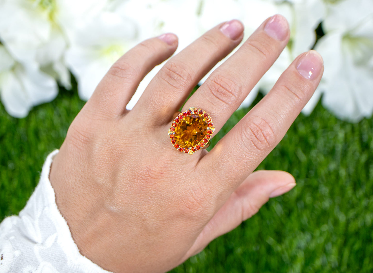 Citrine Cocktail Ring Deep Orange Sapphires 9.4 Carats 14K Gold Plated Silver