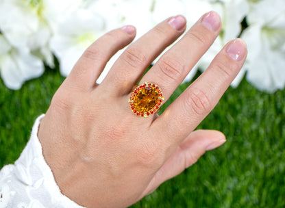 Citrine Cocktail Ring Deep Orange Sapphires 9.4 Carats 14K Gold Plated Silver