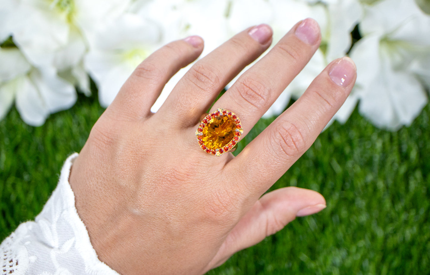 Citrine Cocktail Ring Deep Orange Sapphires 9.4 Carats 14K Gold Plated Silver