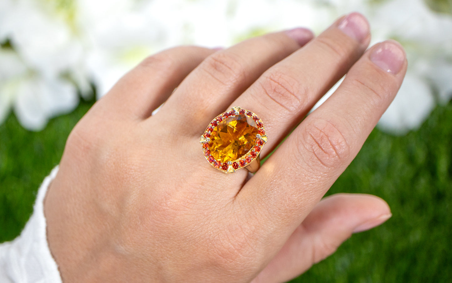 Citrine Cocktail Ring Deep Orange Sapphires 9.4 Carats 14K Gold Plated Silver