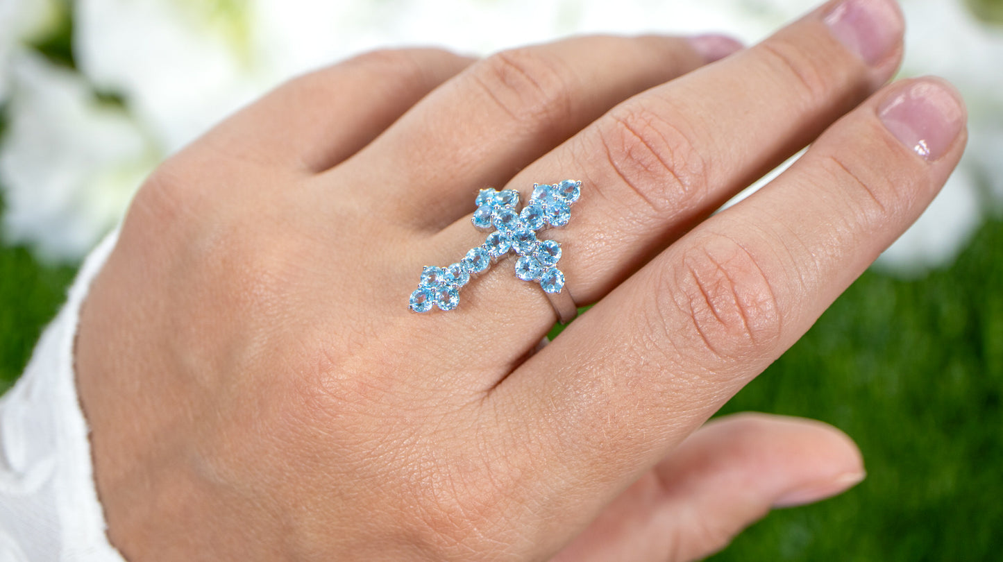 Swiss Blue Topaz Cross Ring 2.18 Carats