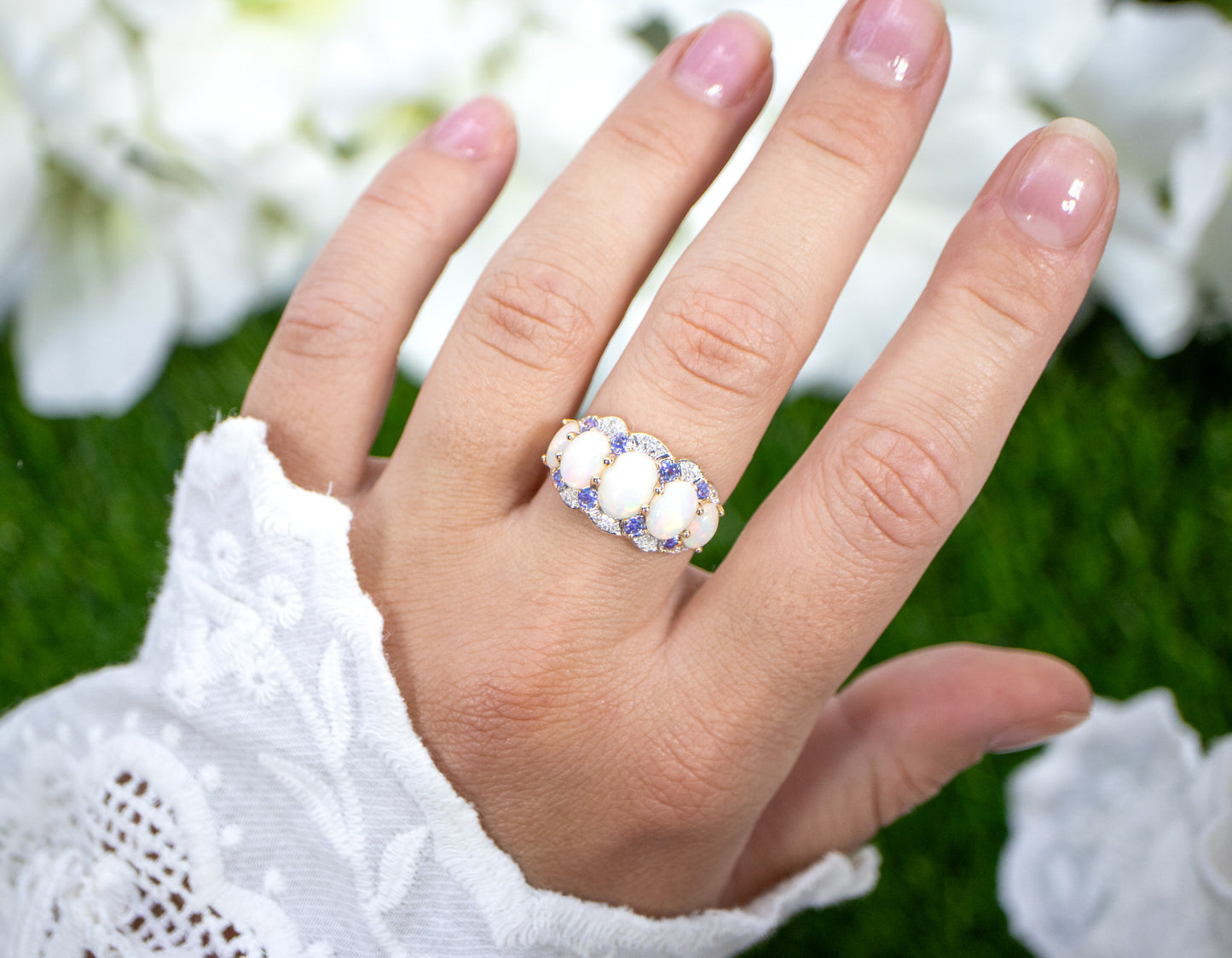 Natural Ethiopian Opal Ring Tanzanite and Diamond Setting 14K Yellow Gold