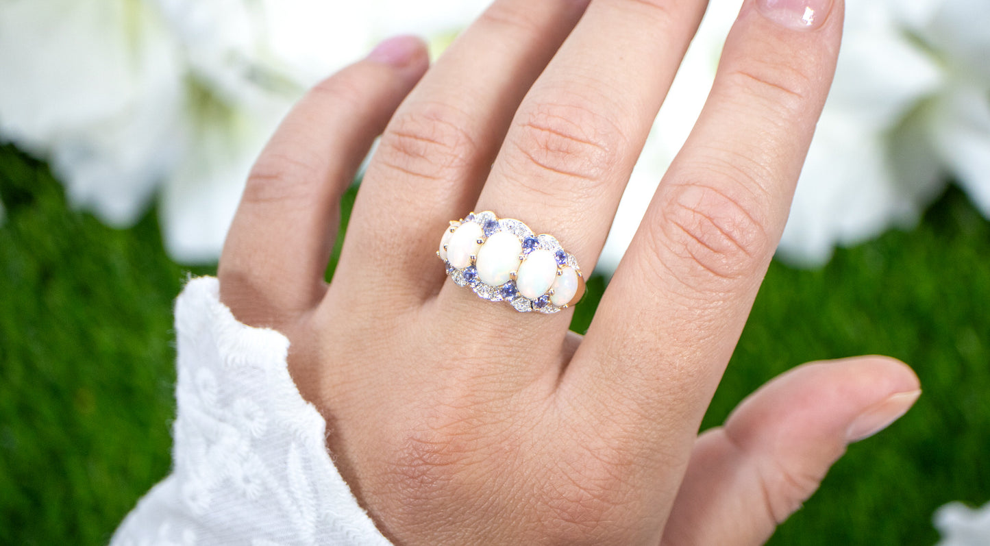 Natural Ethiopian Opal Ring Tanzanite and Diamond Setting 14K Yellow Gold