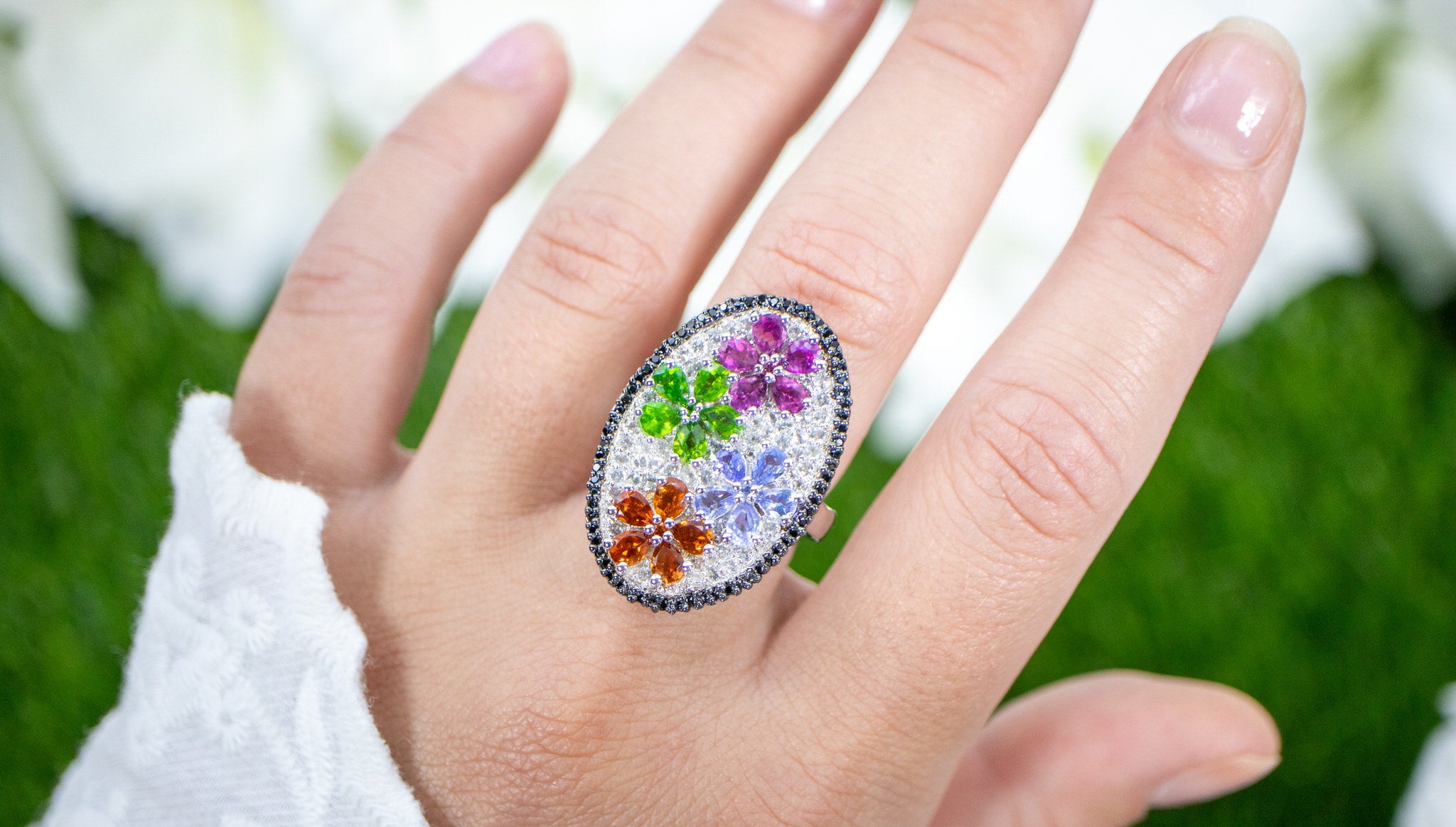 Flower Cluster Ring Citrine Tanzanite Rhodolite Chrome Diopside Topaz Spinel