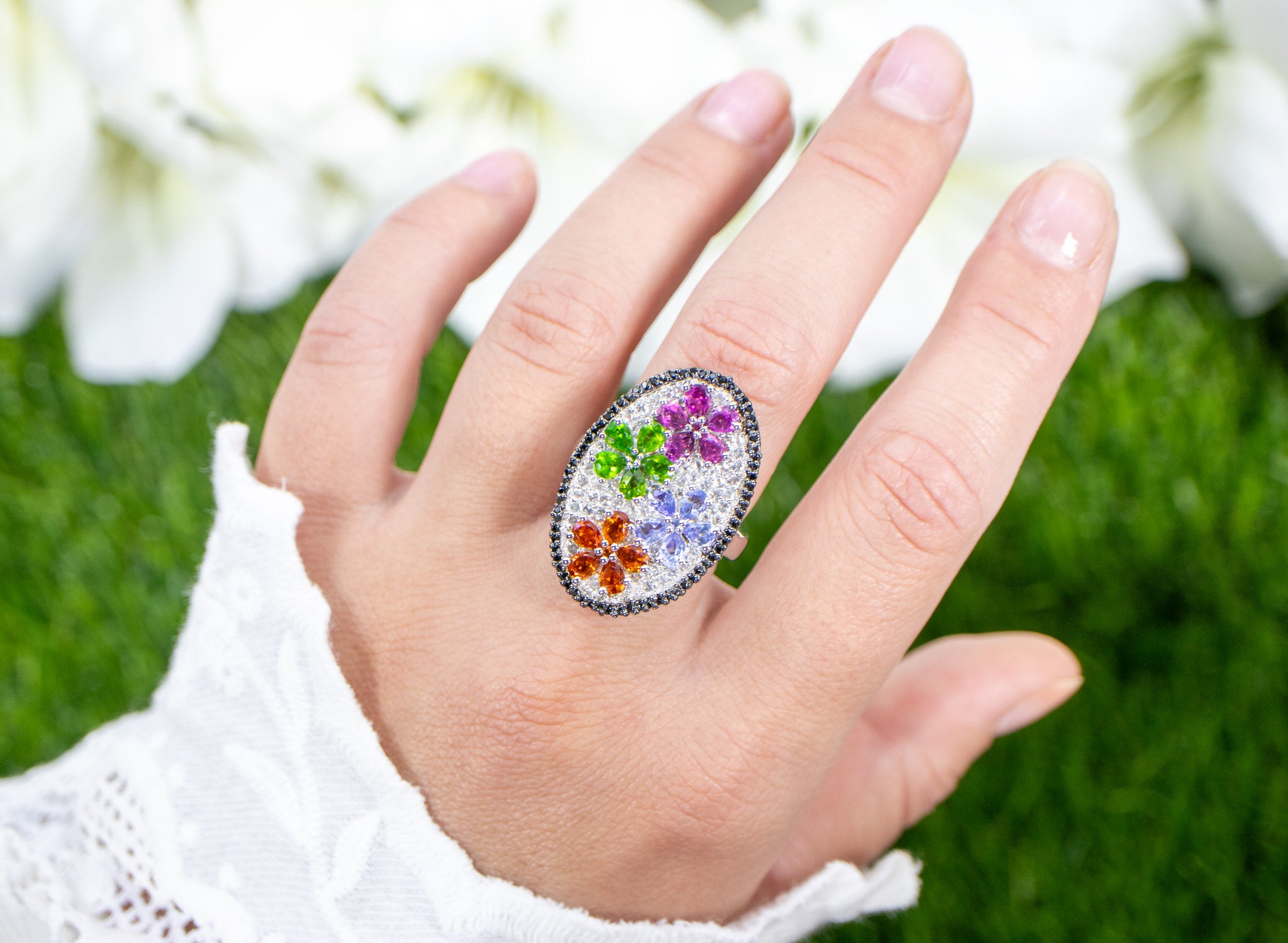 Flower Cluster Ring Citrine Tanzanite Rhodolite Chrome Diopside Topaz Spinel