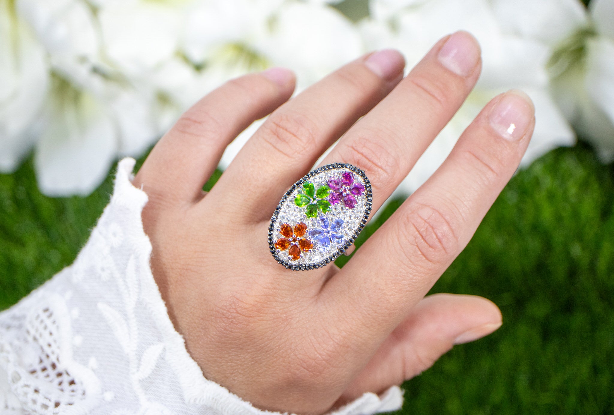 Flower Cluster Ring Citrine Tanzanite Rhodolite Chrome Diopside Topaz Spinel