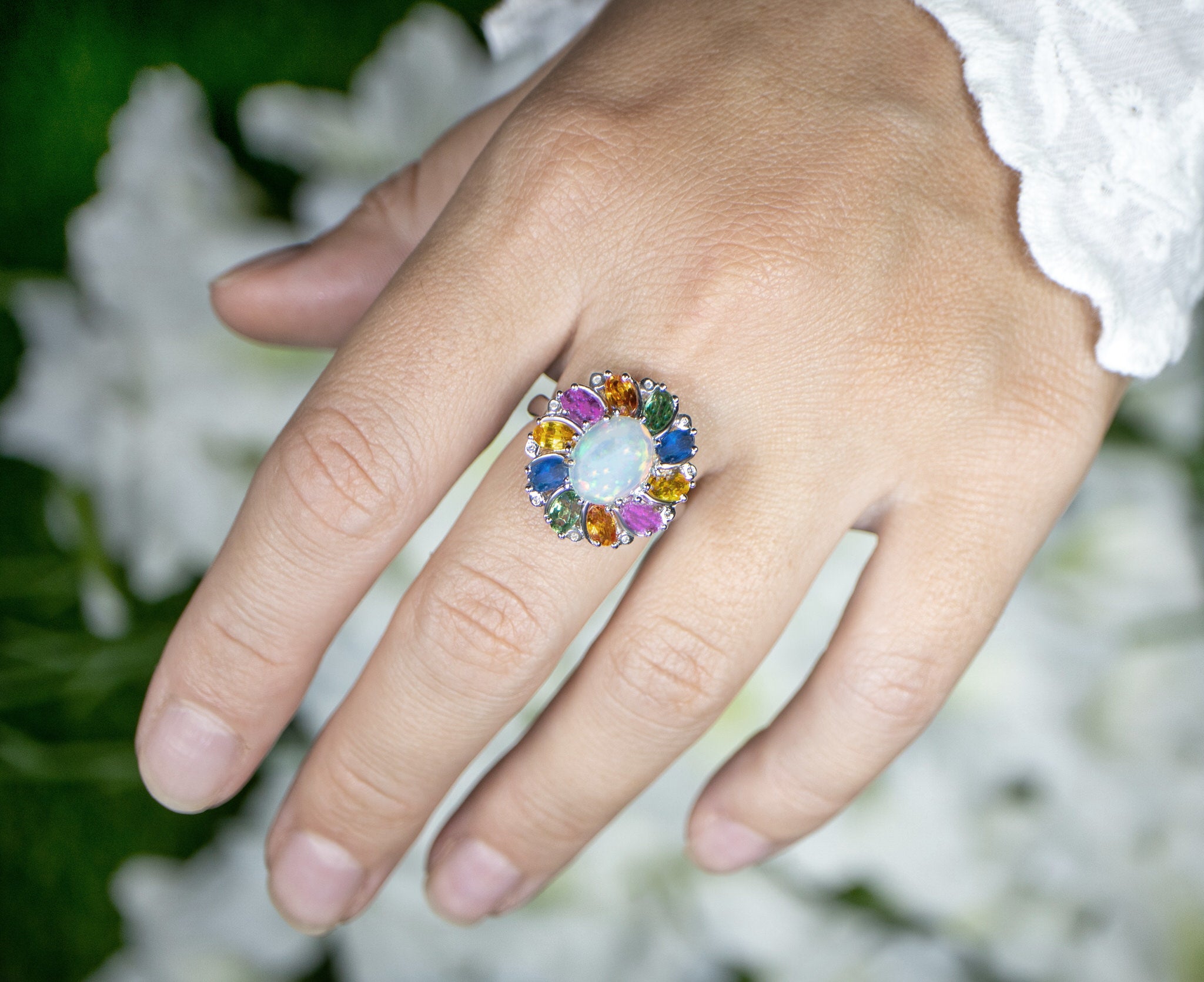 Ethiopian Opal Floral Cocktail Ring Multicolor Sapphires Diamonds 3.95 Carats