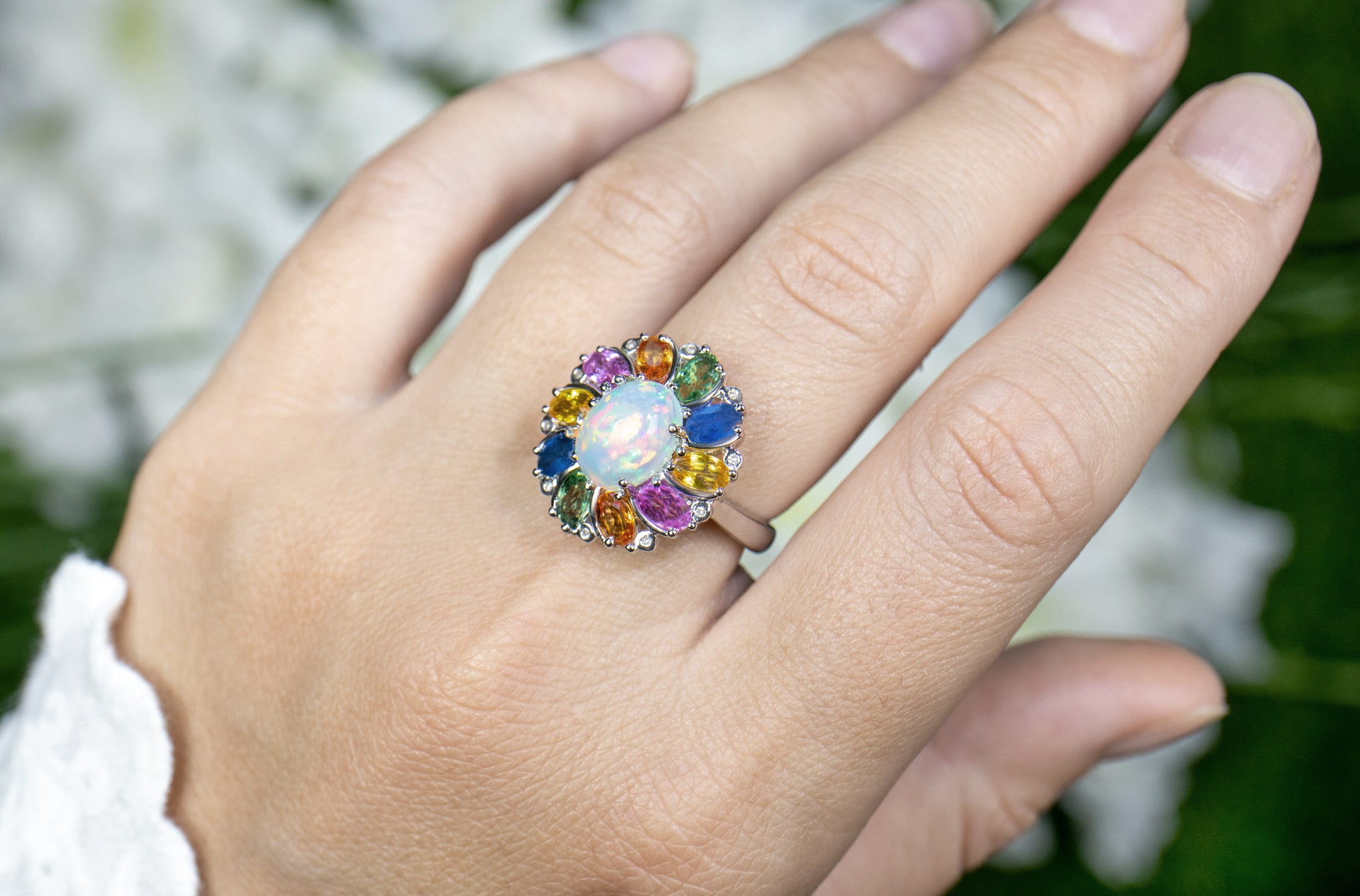 Ethiopian Opal Floral Cocktail Ring Multicolor Sapphires Diamonds 3.95 Carats
