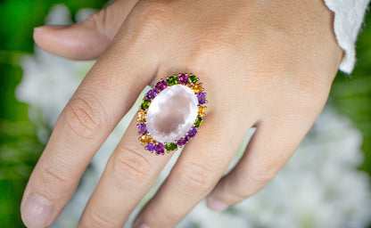 Natural Rose Quartz Cocktail Ring Multicolored Gemstones 14K Rose Gold Plated