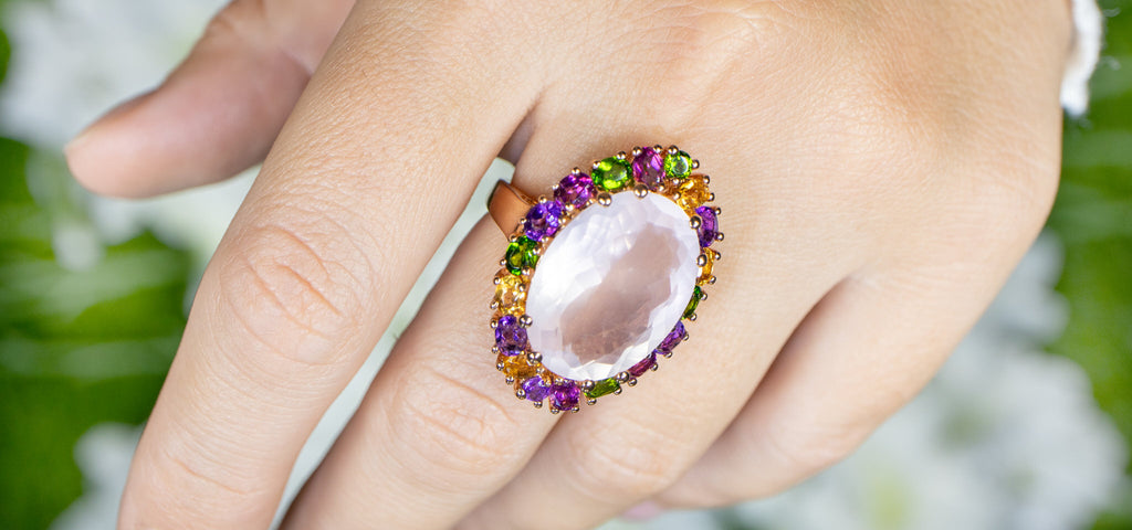 Rose Quartz Cocktail Ring Amethyst Citrine Rhodolite Diopside Gold Plated Silver