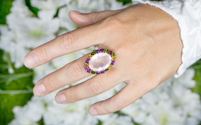 Rose Quartz Cocktail Ring Amethyst Citrine Rhodolite Diopside Gold Plated Silver