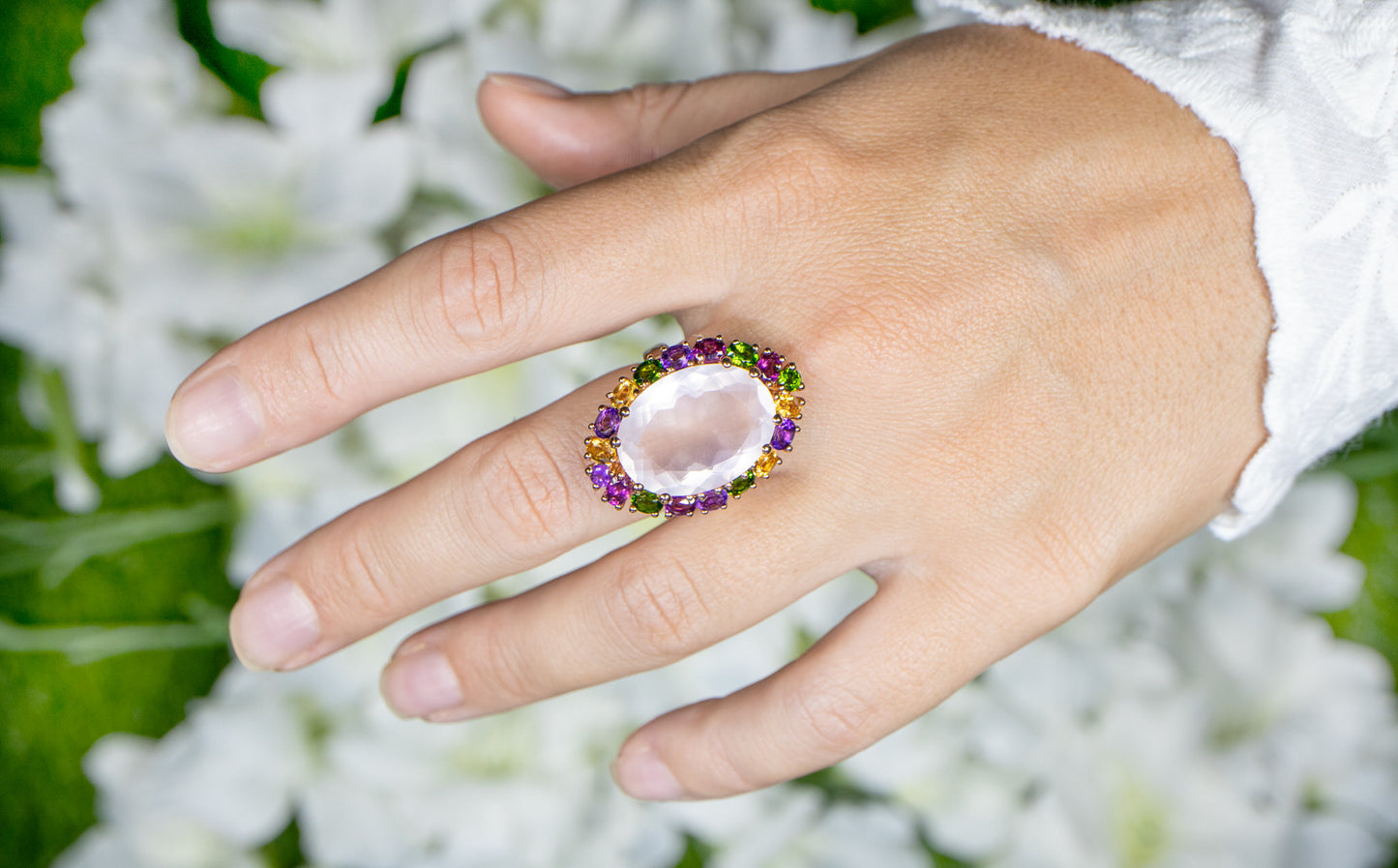 Natural Rose Quartz Cocktail Ring Multicolored Gemstones 14K Rose Gold Plated