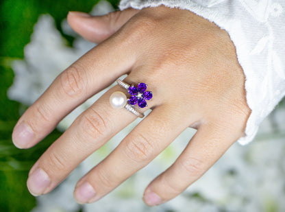 Amethyst and Pearl Bypass Flower Ring With White Zircons