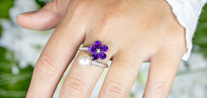 Amethyst and Pearl Bypass Flower Ring With White Zircons