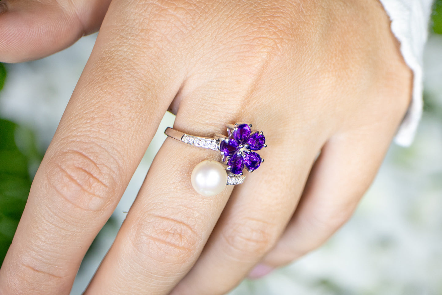 Amethyst and Pearl Bypass Flower Ring With White Zircons