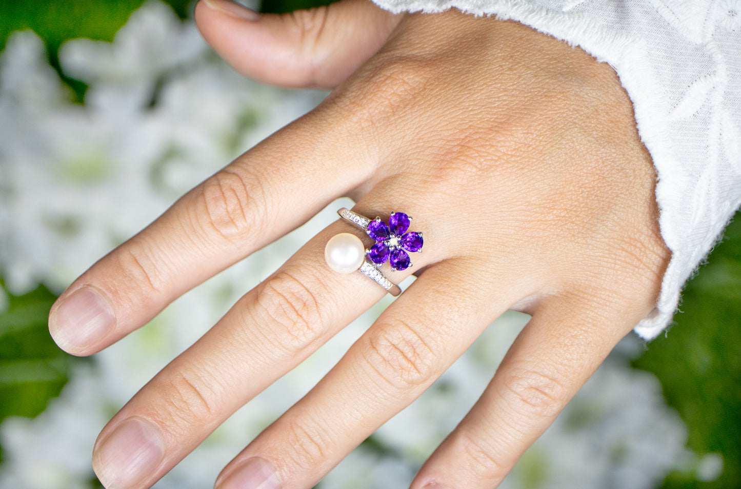 Amethyst and Pearl Bypass Flower Ring With White Zircons