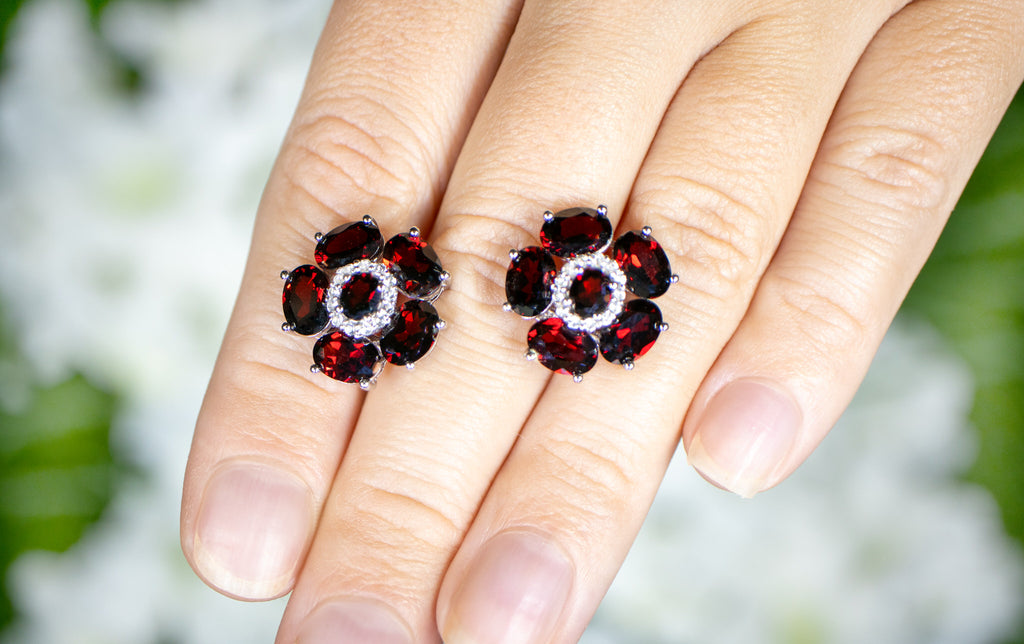 Natural Garnet and White Topaz Floral Earrings 9.6 Carats Total