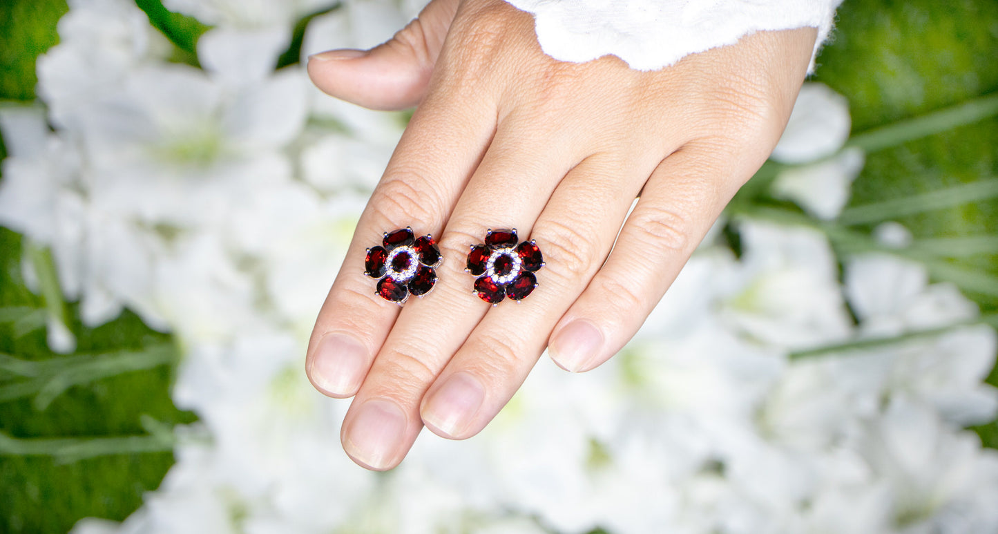 Natural Garnet and White Topaz Floral Earrings 9.6 Carats Total