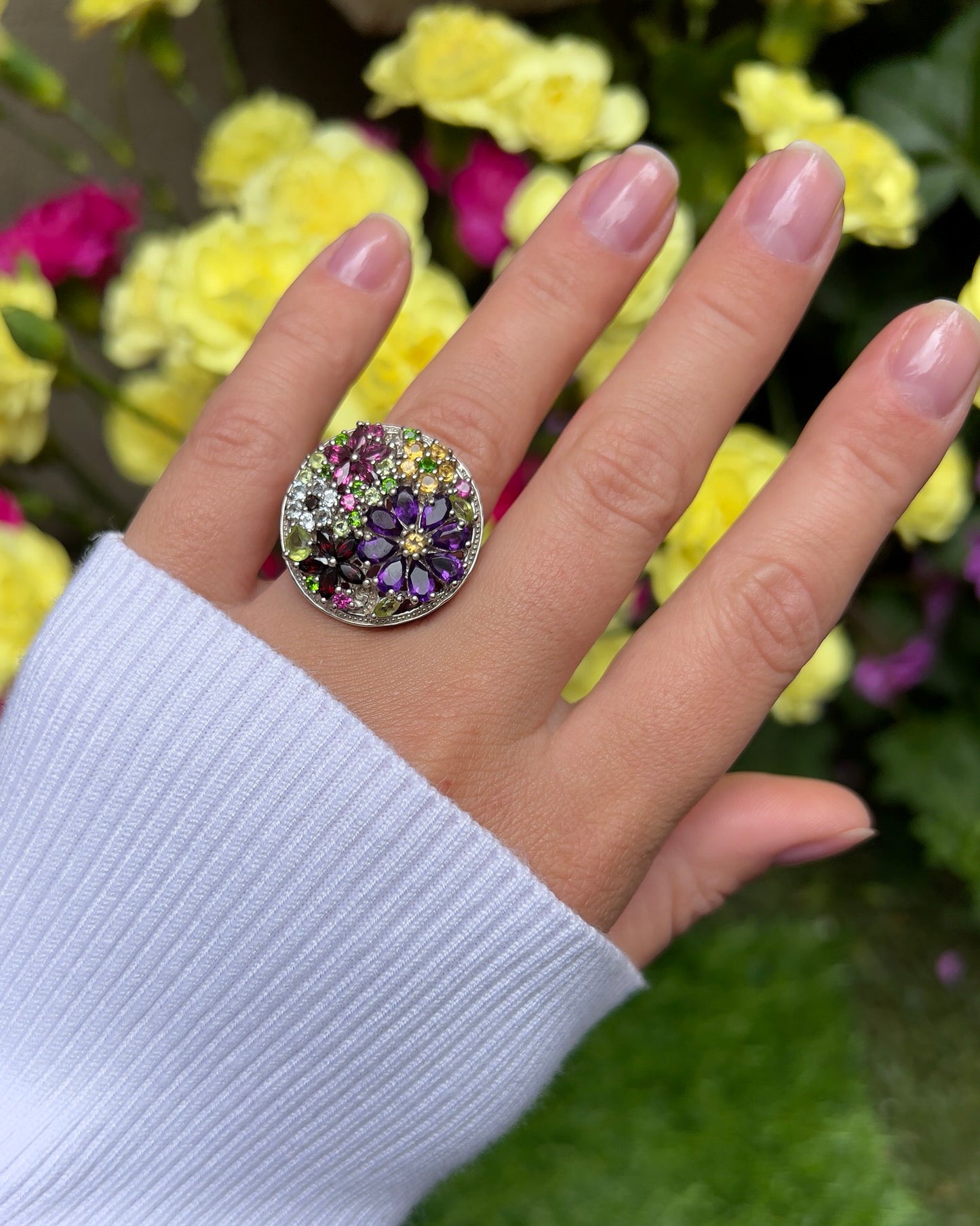 Multicolor Gemstones Flower Ring 4 Carats Sterling Silver